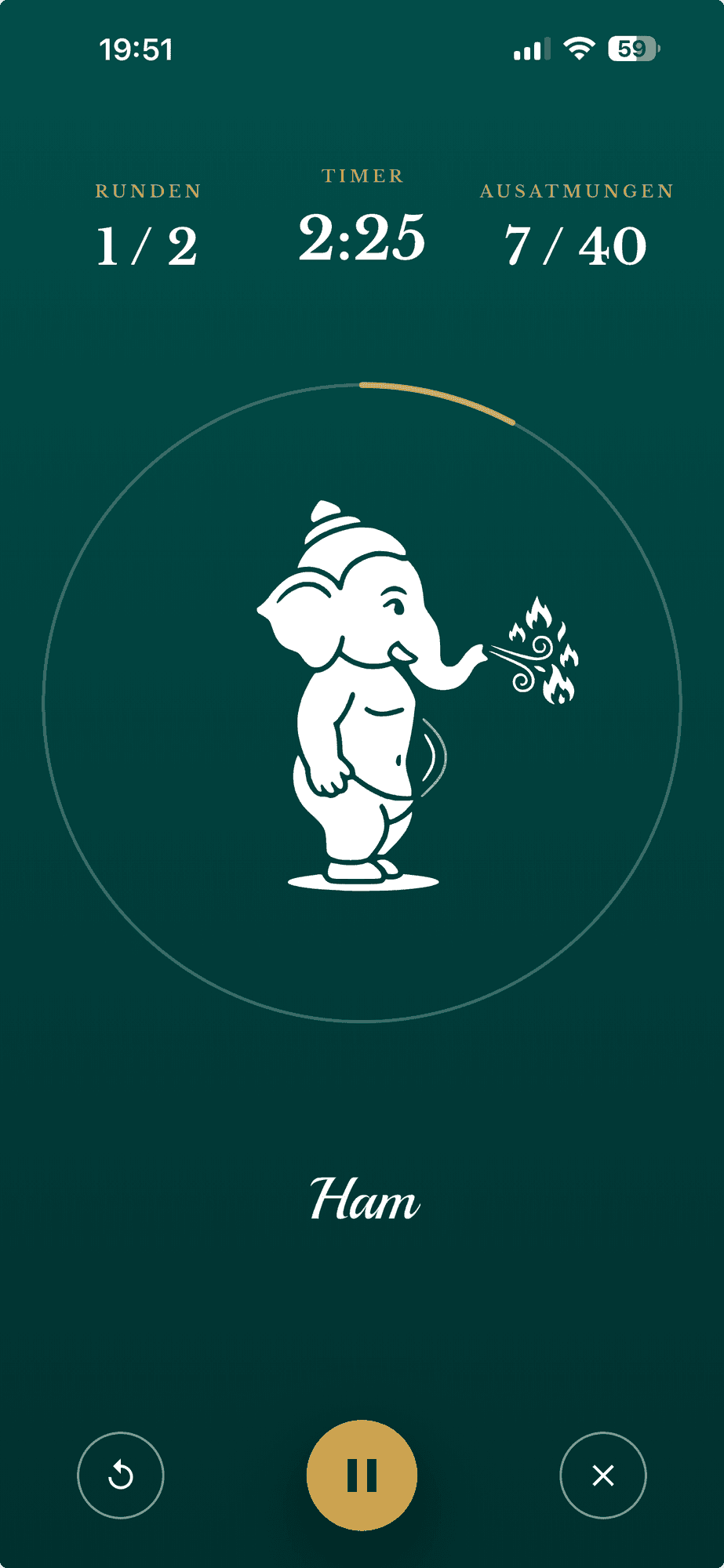 Bildschirmfoto der Sahitya App: Kapalabhati mit Ganesha-Figur, Timer und Rundenzähler