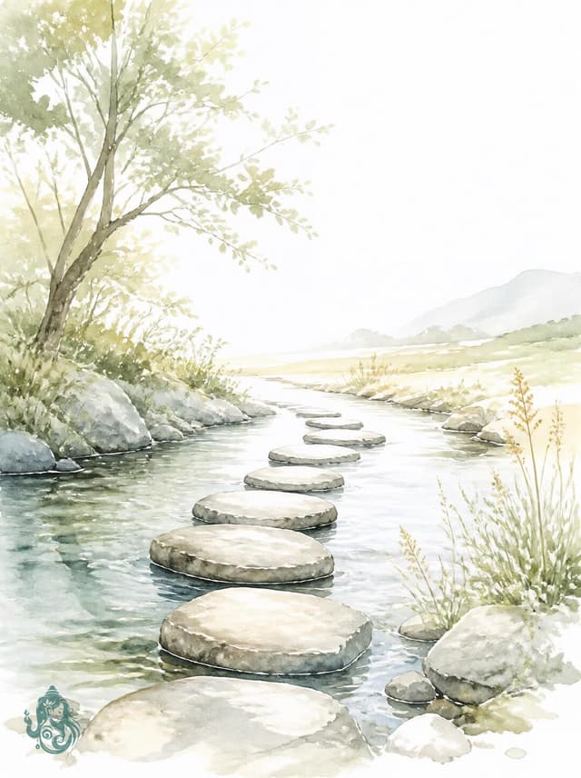 Aquarell eines Bachs mit Trittsteinen, die Schritt für Schritt ans andere Ufer führen – Sinnbild für Veränderung durch eigene Schritte