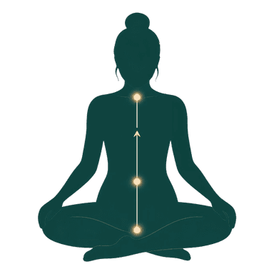 Silhouette im Meditationssitz mit drei goldenen Punkten an Kehle, Bauch und Beckenboden