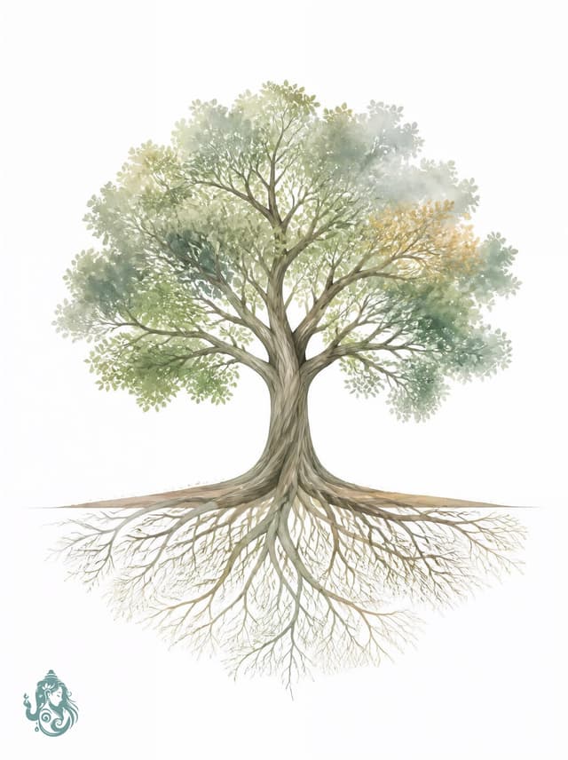Aquarell eines Baumes mit weicher Krone und fein verzweigtem Wurzelwerk unter der Erde – Sinnbild für Vielschichtigkeit und unterschiedliche Ursachen in der Tiefe