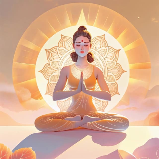 Illustration einer Frau im Lotossitz vor einer aufgehenden Sonne