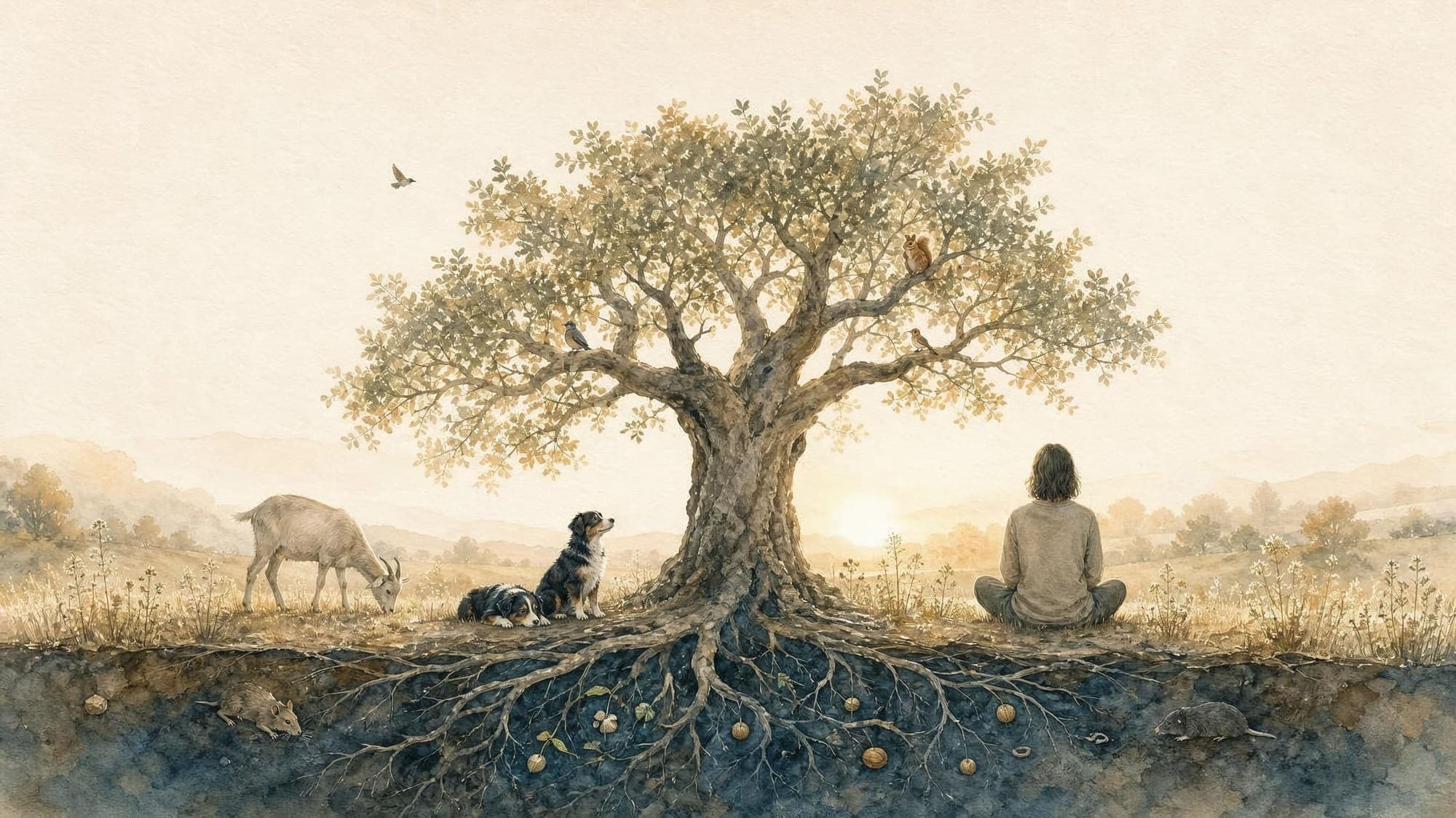 An old tree in a meadow in the morning light: mice and seeds among the roots, birds and a squirrel in the branches, two dogs and a goat at its foot, beside them a seated person with their back to the viewer