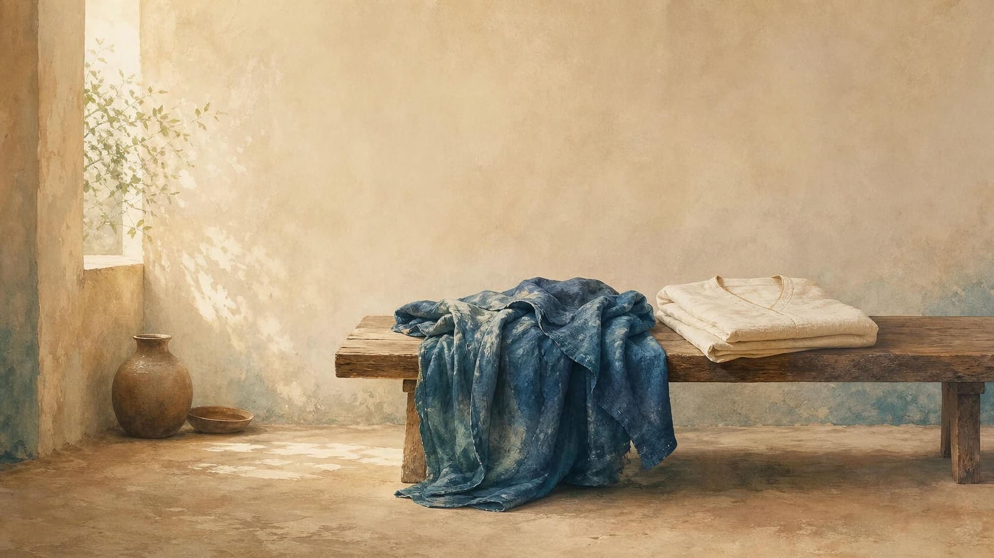 A worn blue robe lies over a wooden bench, beside it a freshly folded light one