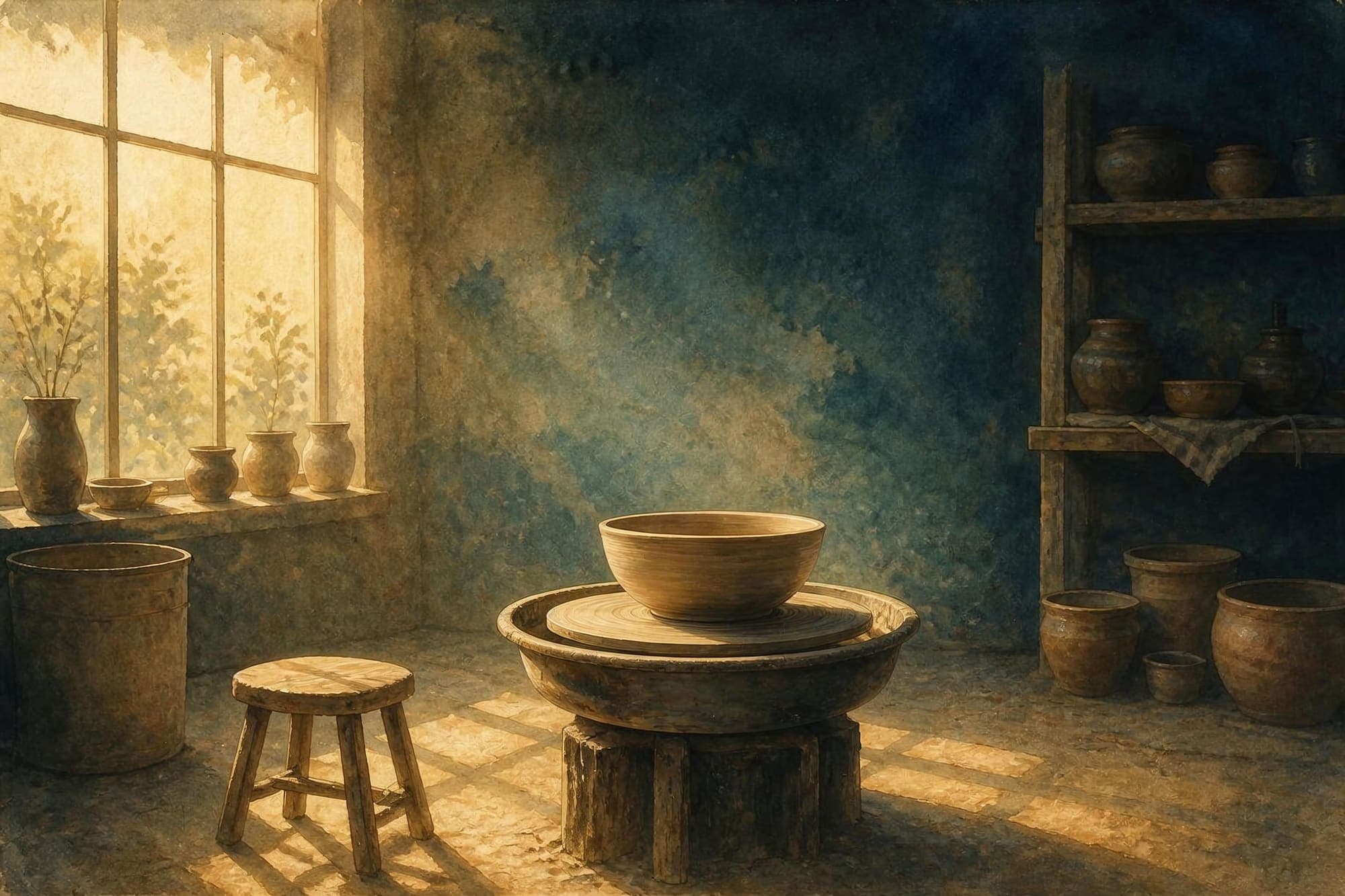 A potter's wheel standing still with a finished bowl, in a workshop in the evening light; the stool beside it is empty