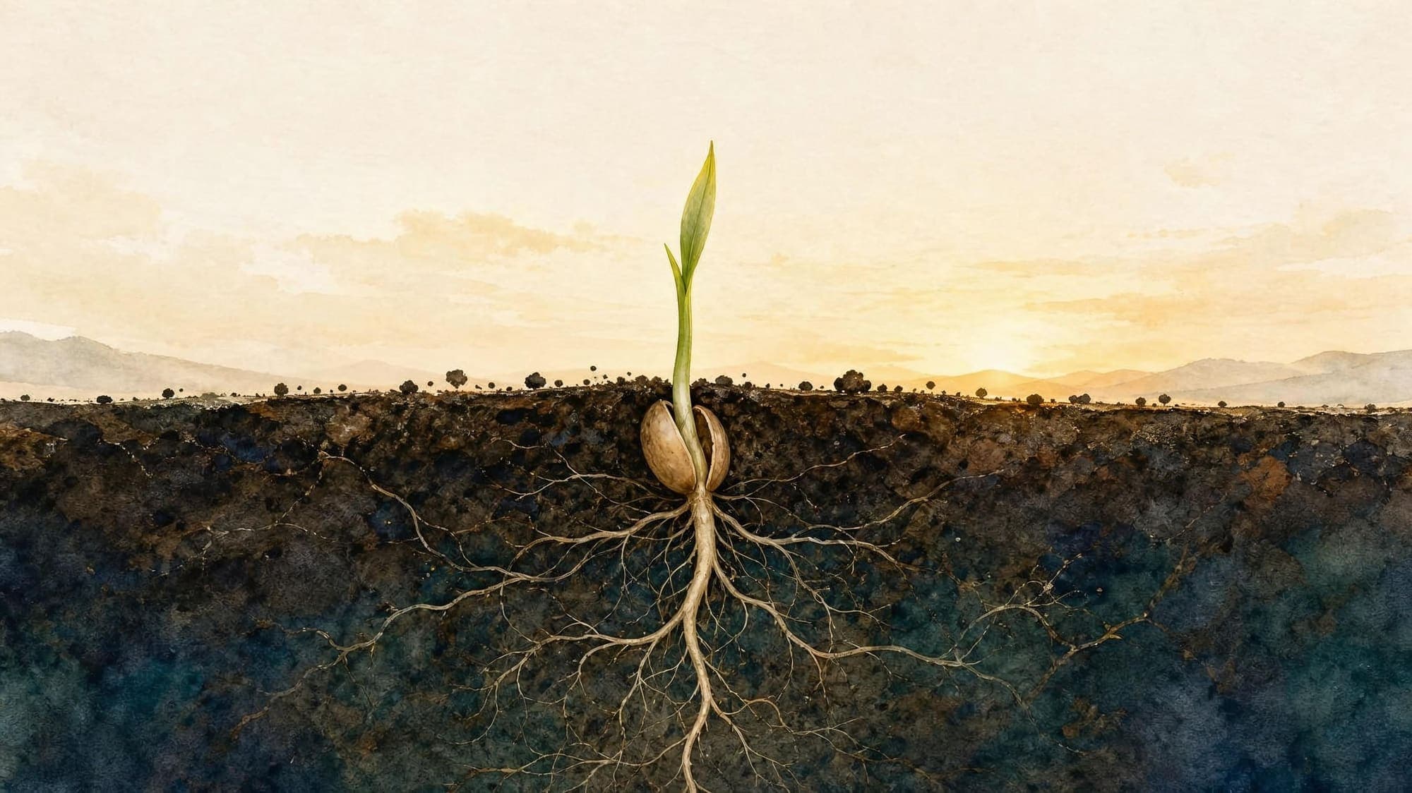 A cross-section of soil: a split seed sends roots downward and a sprout up into the morning light