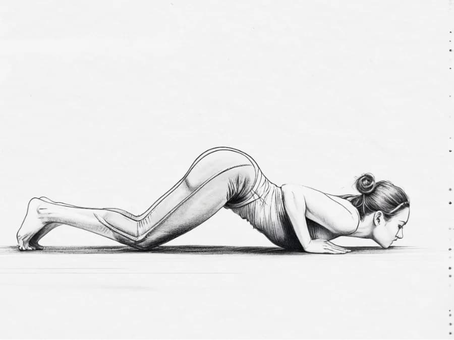 Zeichnung: Aṣṭāṅga Namaskārāsana, Achtpunkt-Haltung, Knie-Brust-Stirn