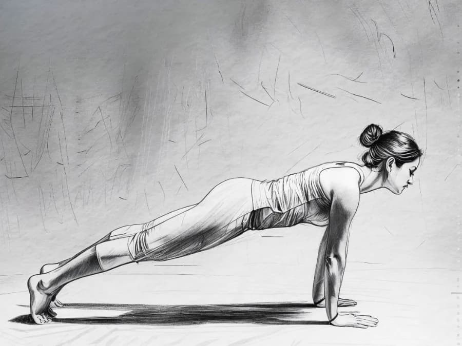 Zeichnung: Caturaṅga Daṇḍāsana, Vier-Glieder-Stab-Position, Yoga-Liegestütz