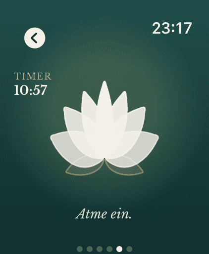 Apple Watch: Atemübung 4-7-11 mit Lotosblüte und der Anleitung „Atme ein.“