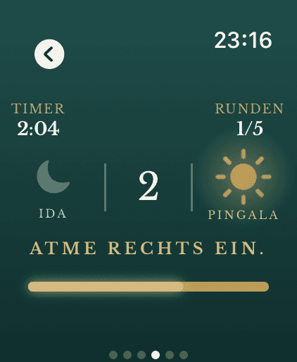 Apple Watch: Anuloma Viloma mit Timer, Rundenzähler und der Anleitung „Atme rechts ein.“