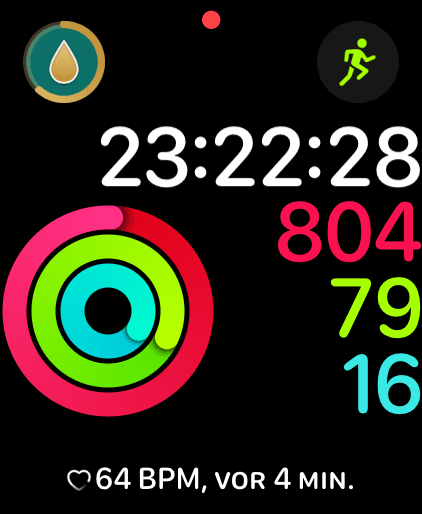 Zifferblatt der Apple Watch mit dem Trink-Fortschritt als Komplikation der Sahitya App oben links