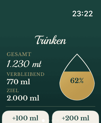 Apple Watch: Trinken erfassen, 1.230 von 2.000 ml, Schaltflächen für 100 und 200 ml