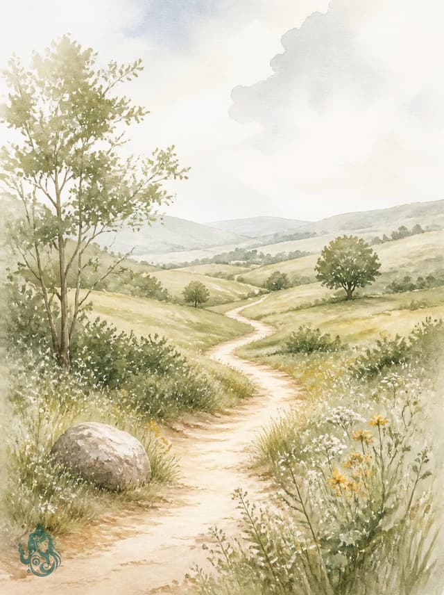 Aquarell eines gewundenen Weges durch hügelige Wiesenlandschaft – Sinnbild für den eigenen Weg in deinem Tempo