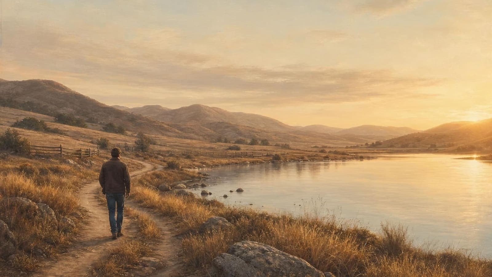 Painting: a man walks along a dirt track by a lake, hills and a pasture fence in the warm evening light