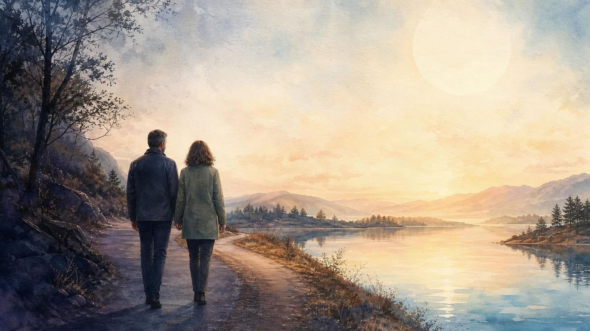 Watercolour: a couple walks hand in hand along a shore path towards the sun, from darkness into light