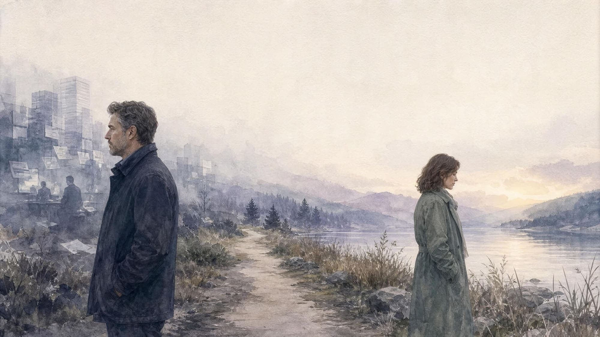 Watercolour: a man looks towards office towers and piles of files, a woman towards a lake and mountains; two worlds, one path between them