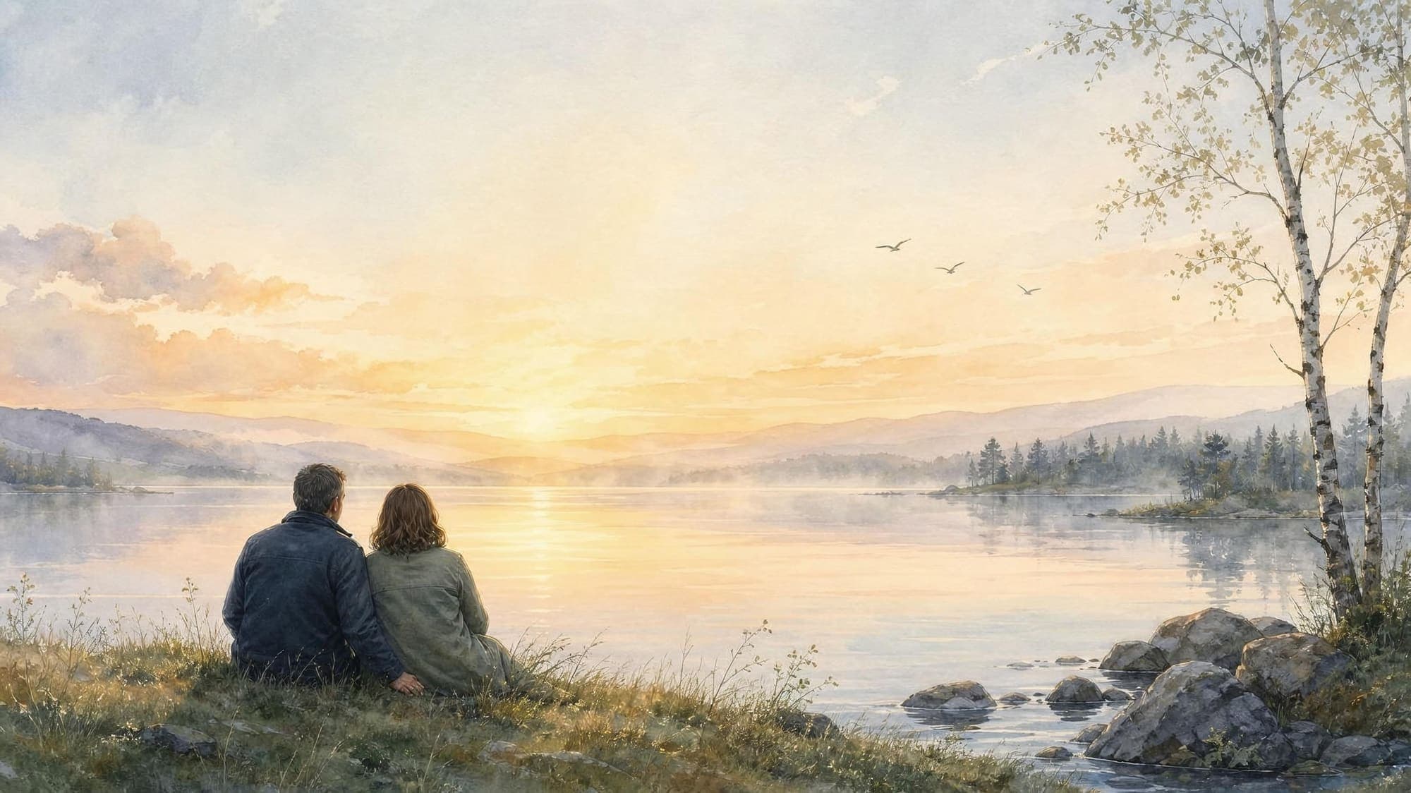 Watercolour: a couple sits on the lakeshore, looking into the sunrise