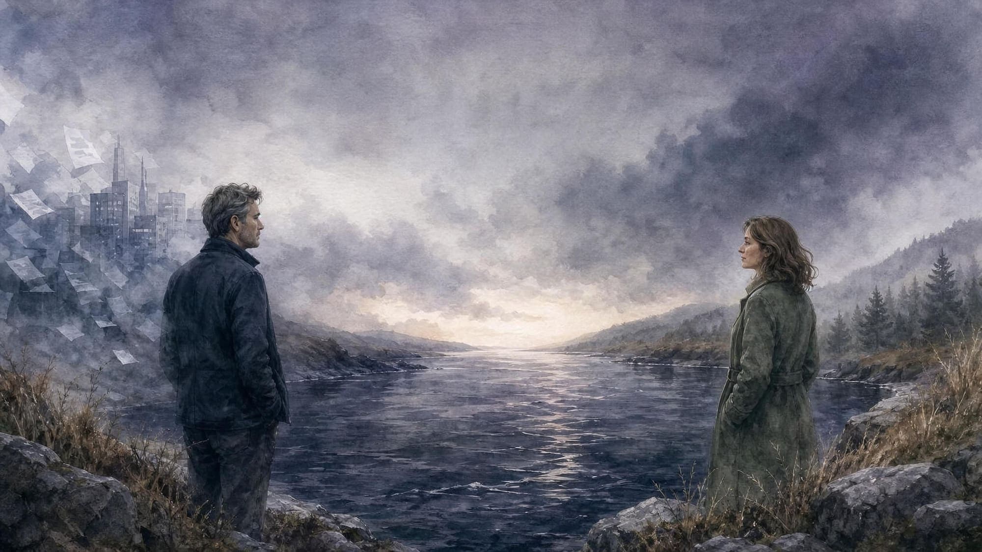 Watercolour: a man and a woman face each other across a river, with water and storm clouds between them