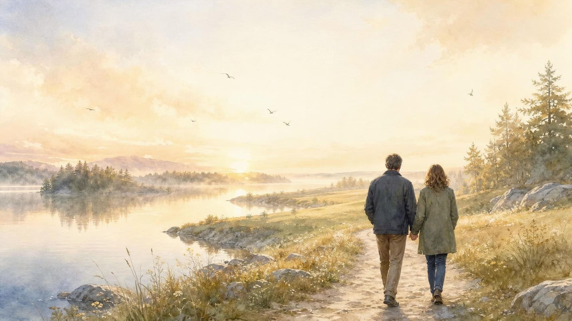 Watercolour: a couple finds their way back to each other by the lake