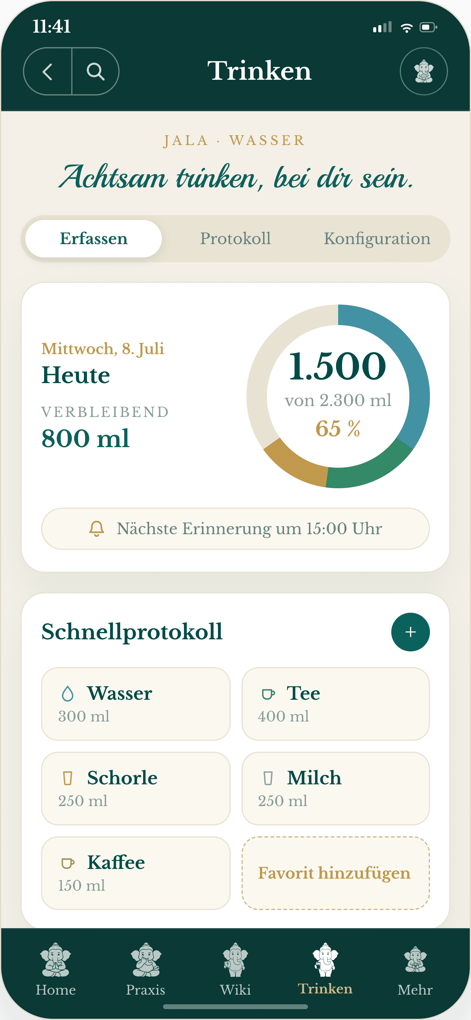Bild in Großansicht öffnen Bildschirmfoto der VYC Sahitya App: Trink-Erinnerung „Jala · Wasser“ mit Tagesfortschritt, nächster Erinnerung und Schnellprotokoll