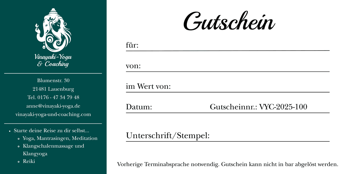 Gutschein von Vinayaki-Yoga & Coaching mit Feldern für Name, Wert und Datum