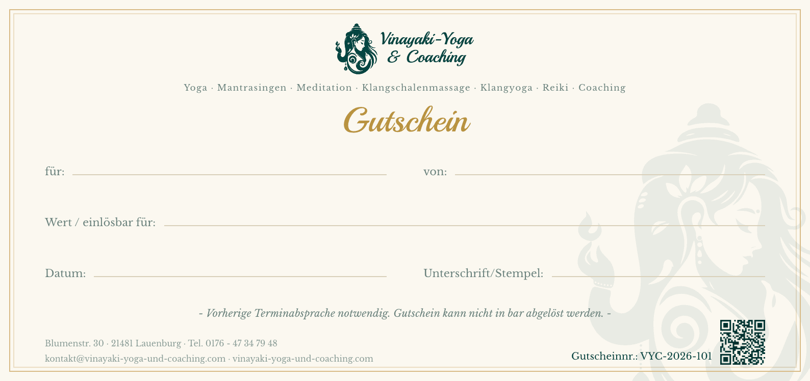Voucher from Vinayaki-Yoga & Coaching with fields for name, value and date