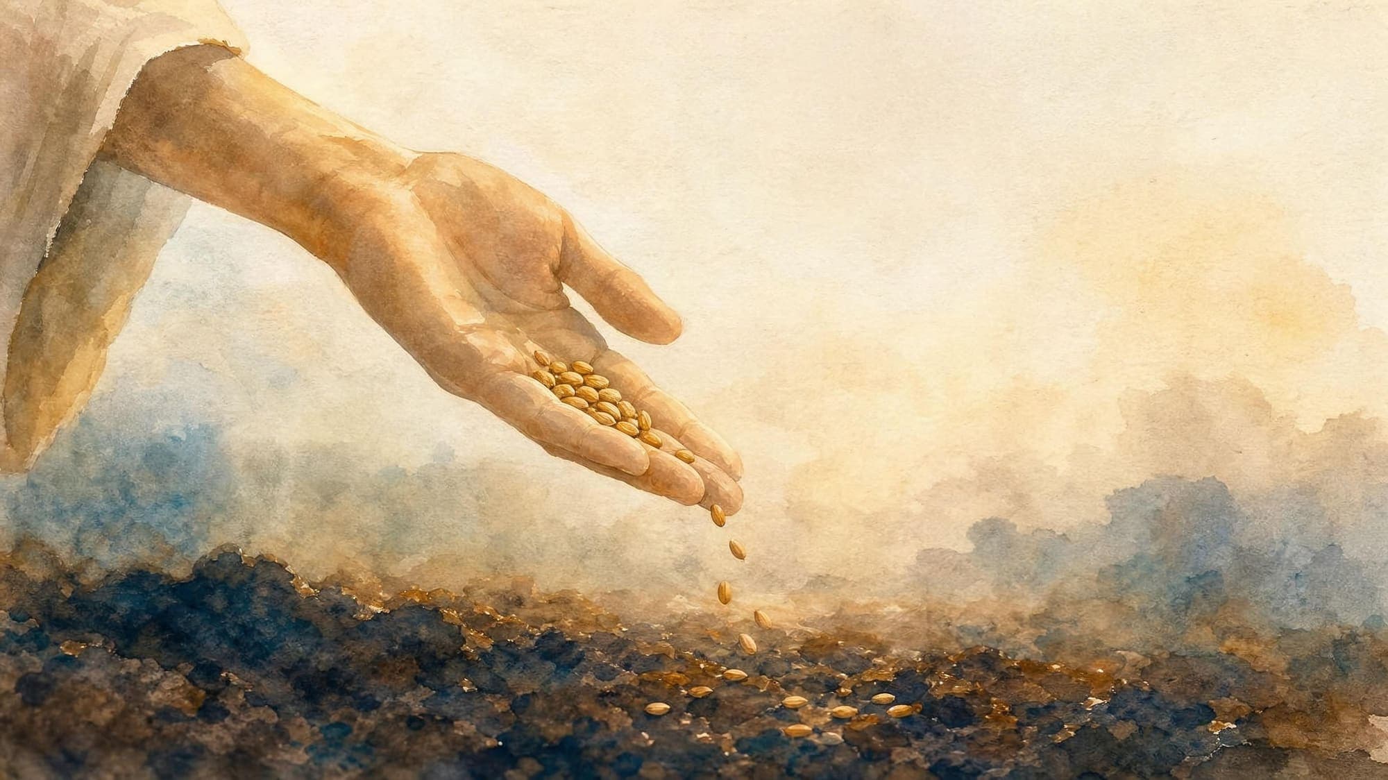 Enlarge image Open hand from which grains of wheat fall onto dark earth