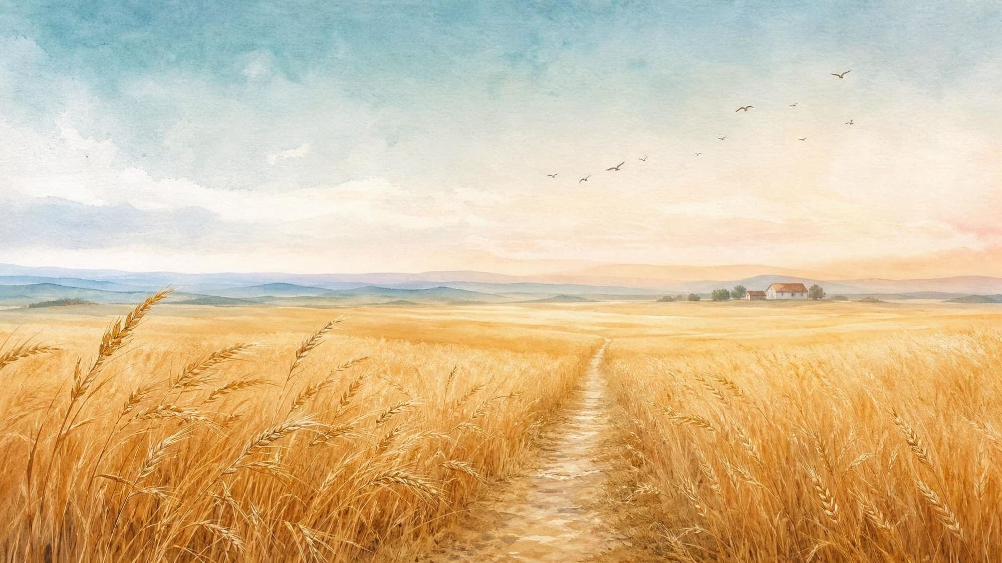 Enlarge image Wide wheat field with a path to the horizon, birds in the sky