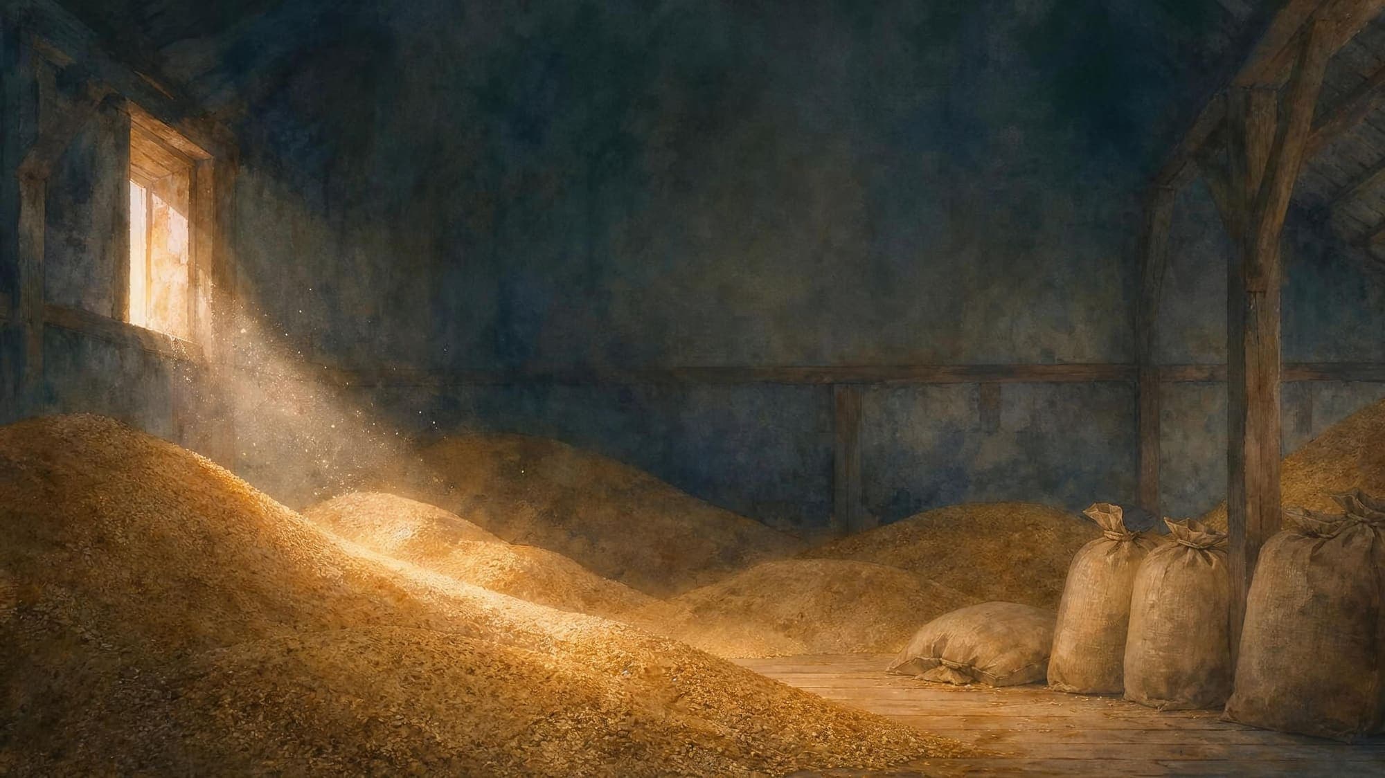 Enlarge image Granary with high heaps of golden grain, light falling through a small window
