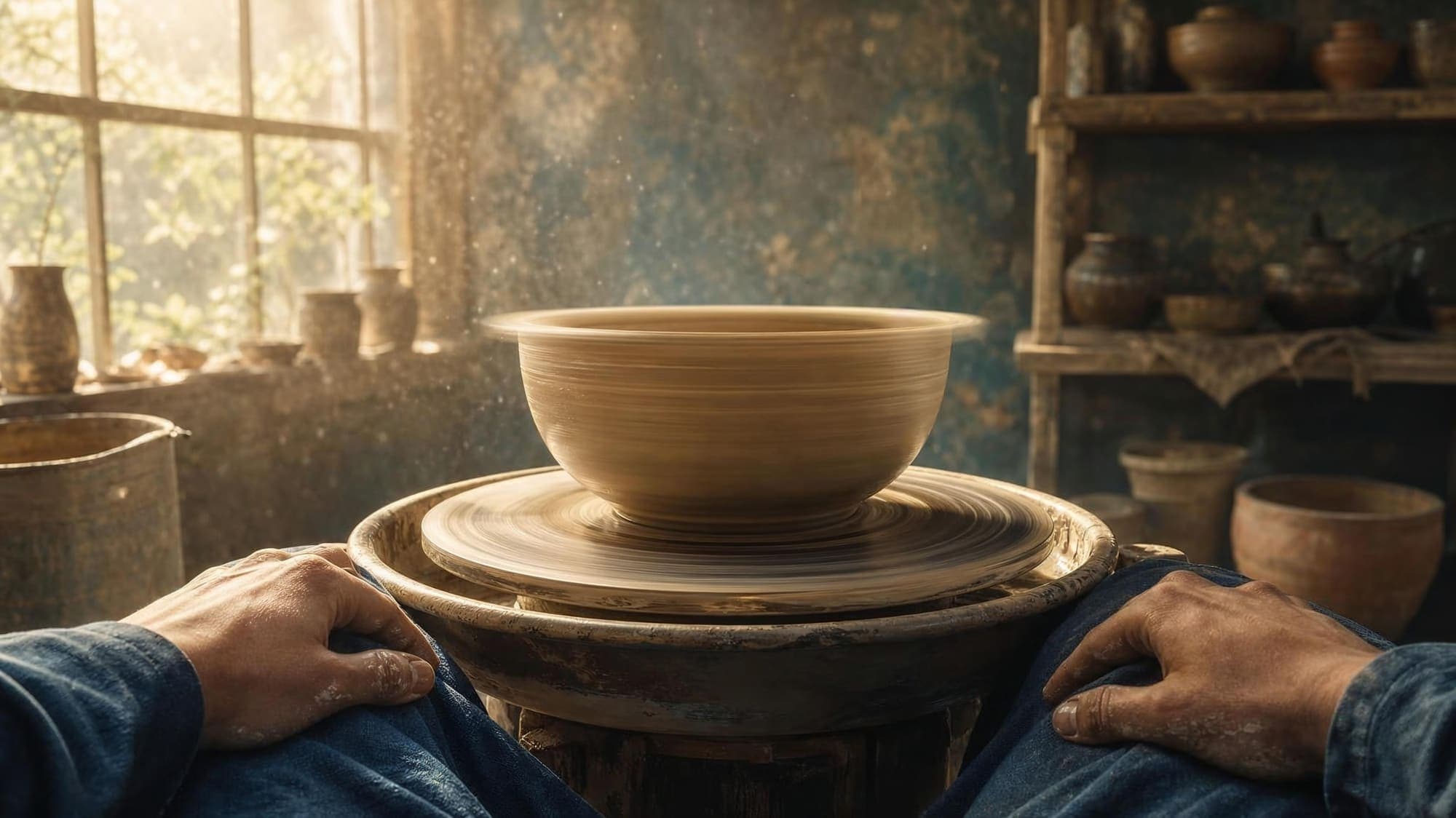 Enlarge image A potter's view of the still turning wheel with a finished bowl; the hands rest on the thighs