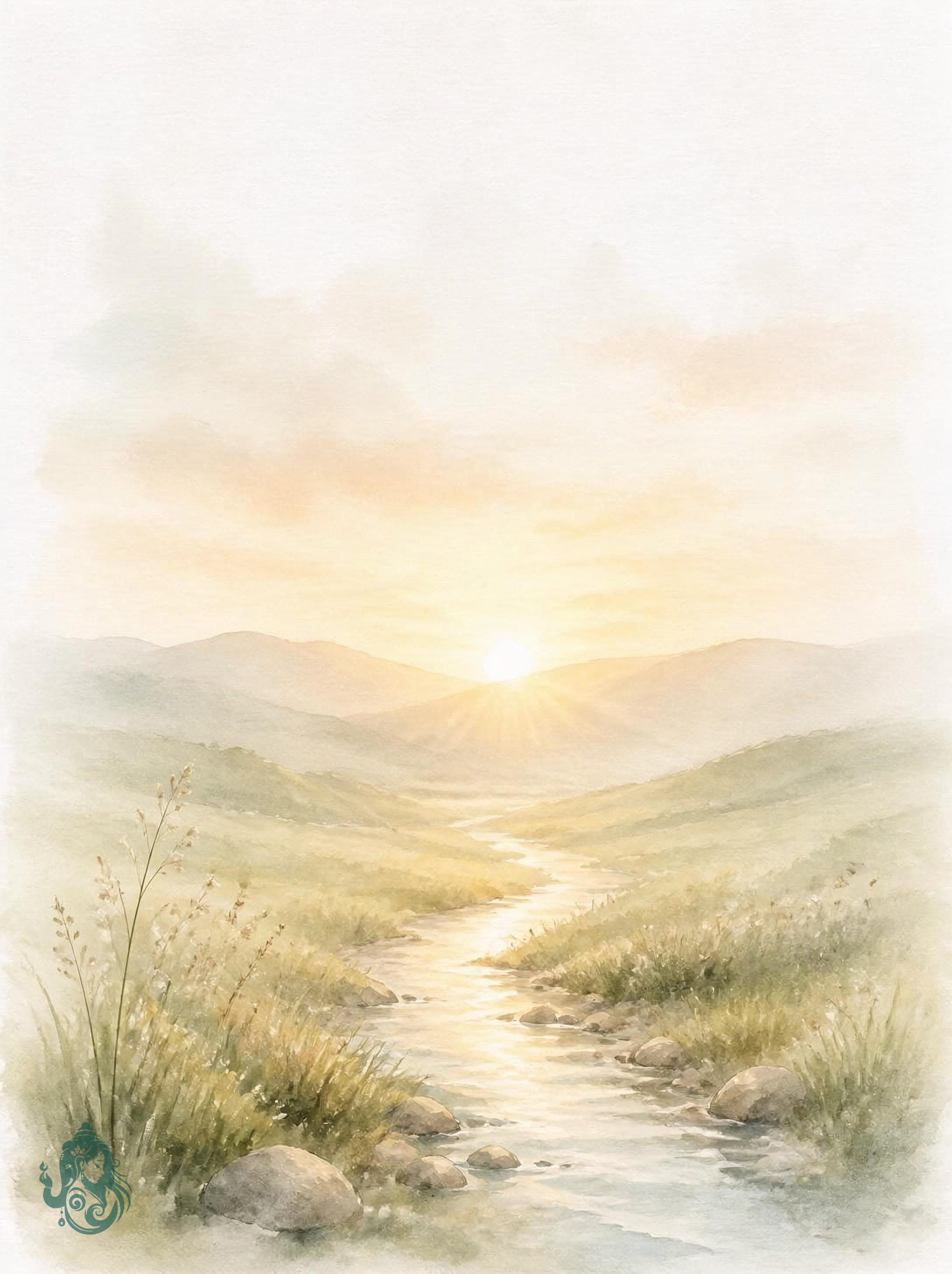 Bild in Großansicht öffnen Aquarell einer weiten Landschaft mit Sonnenaufgang über den Hügeln und einem Bach, der ins Tal führt – Sinnbild für einen neuen Anfang