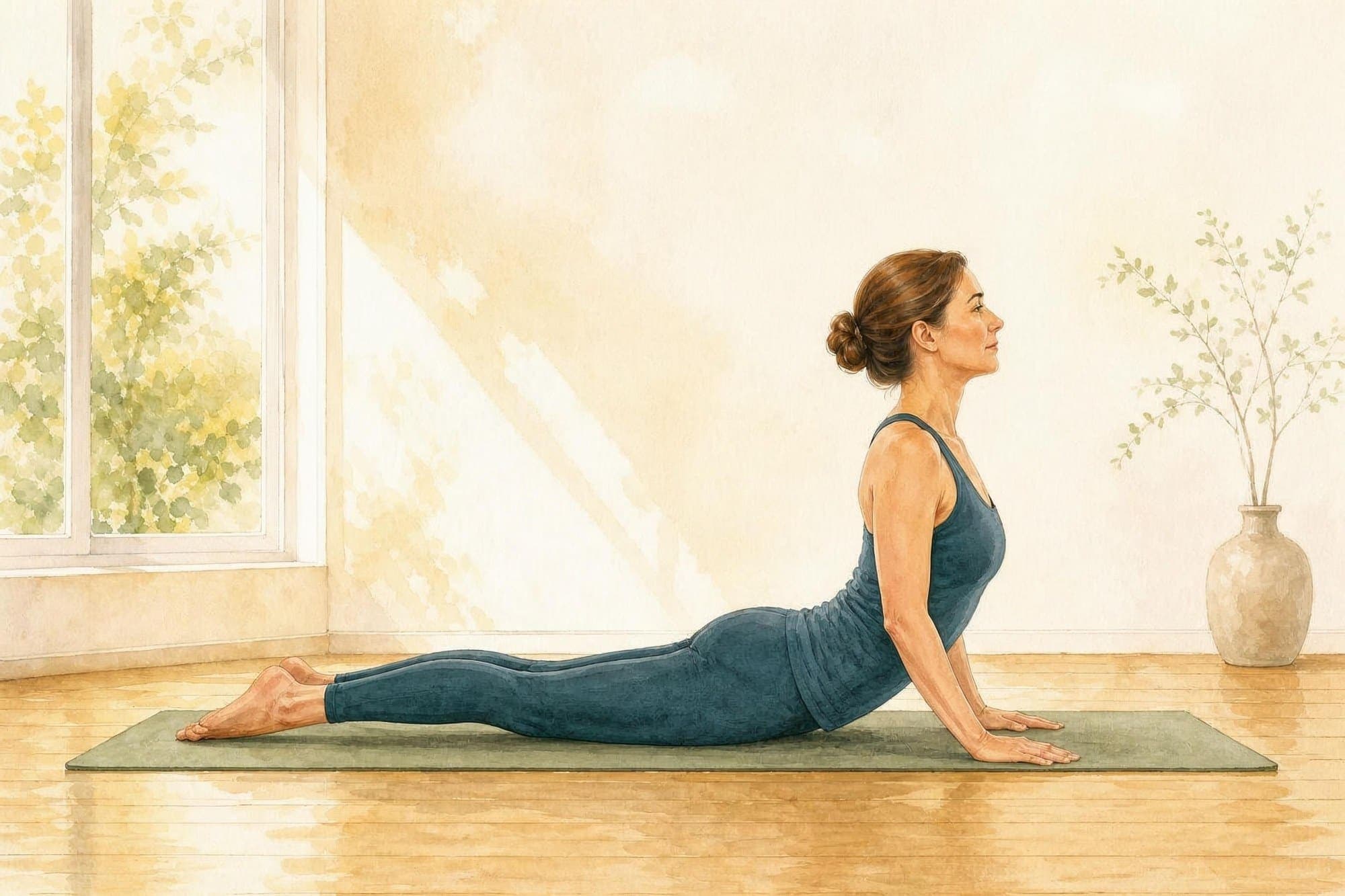 Bild vergrößern Aquarell: dieselbe Frau im Pilates-Swan, gleicher Blickwinkel. Der Oberkörper ist höher angehoben, die Arme sind fast gestreckt, die Hände stützen vor den Schultern, Becken und Beine bleiben am Boden.