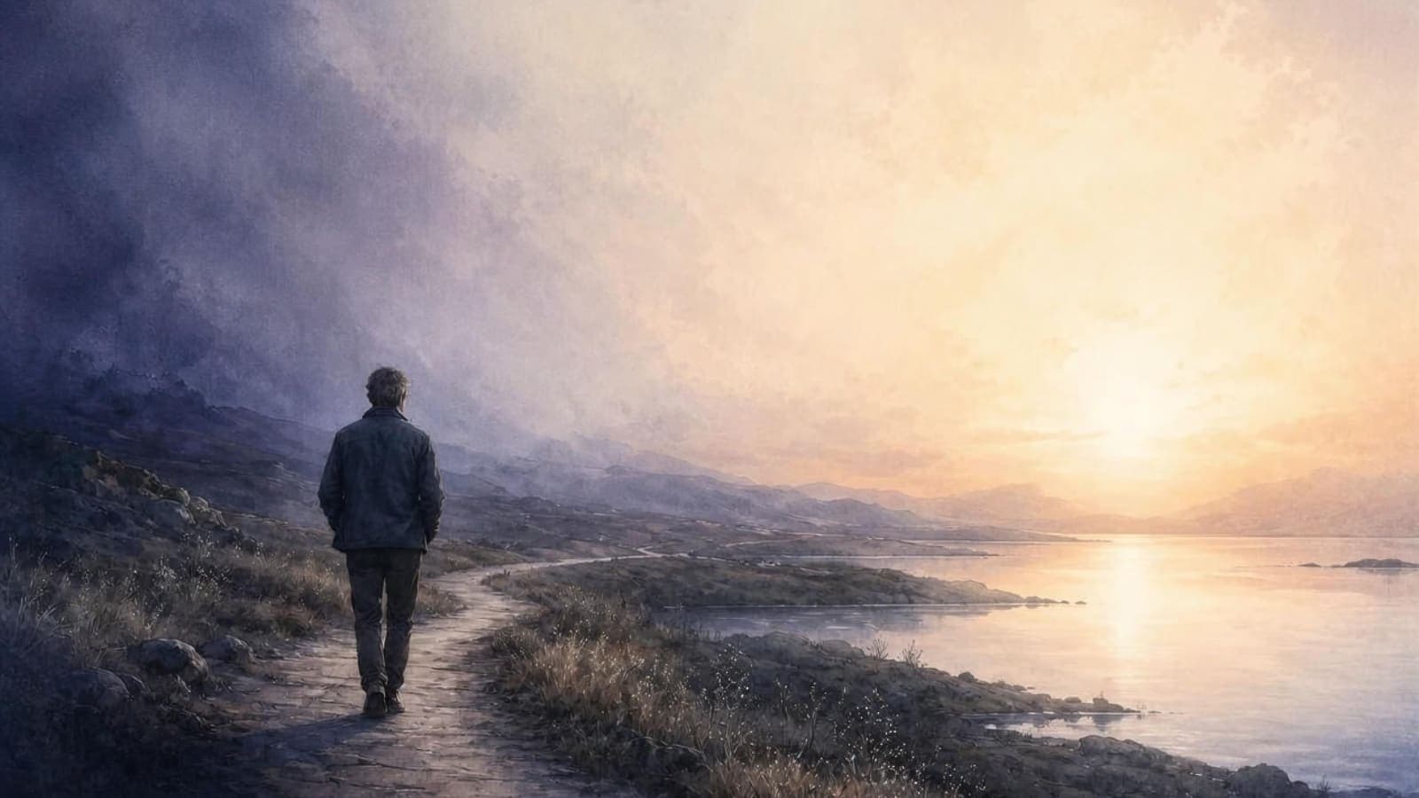 Aquarell: ein Mann geht allein einen Uferweg entlang, hinter ihm dunkle Wolken, vor ihm geht über dem Wasser die Sonne auf