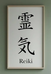 Ein Bild an einer grünen Wand. Auf dem Bild sind japanische Schriftzeichen zu sehen, die Reiki bedeuten.