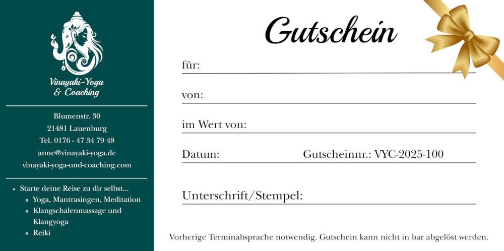 A gift voucher from Vinayaki-Yoga & Coaching.
