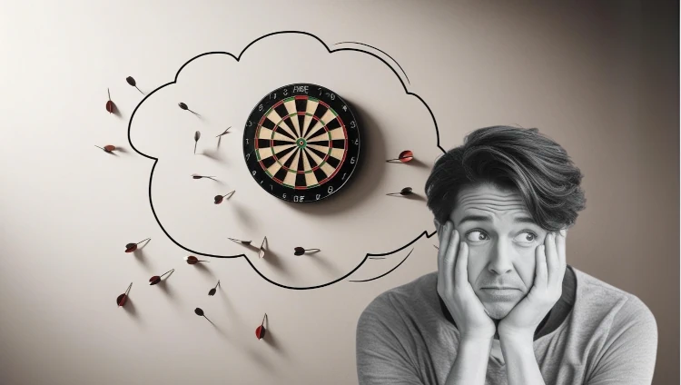 ein nachdenklicher Mann und im Hintergrund viele Pfeile, die eine Dartscheibe verfehlt haben