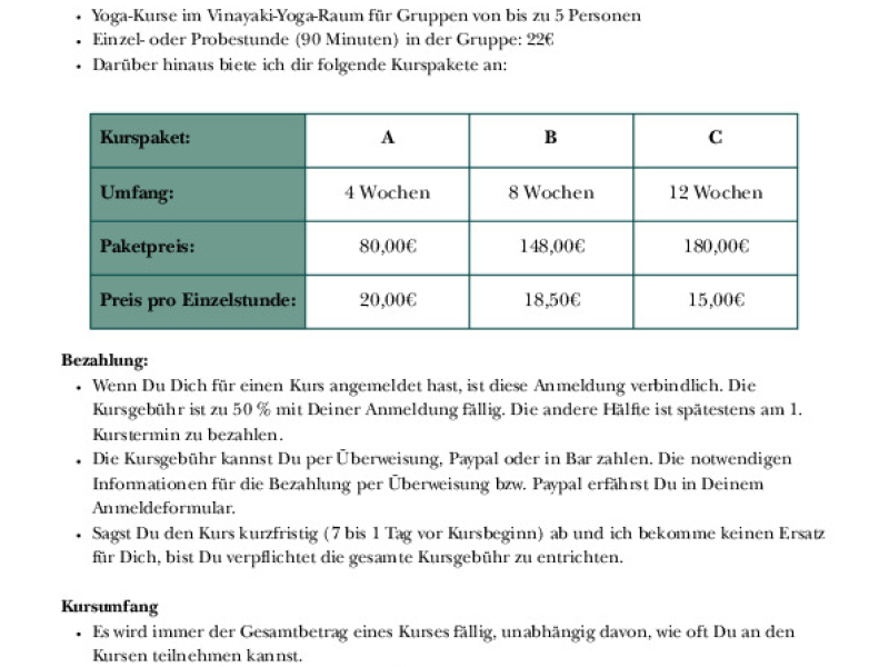 Preisübersicht Vinayaki-Yoga Kurse für Gruppen
